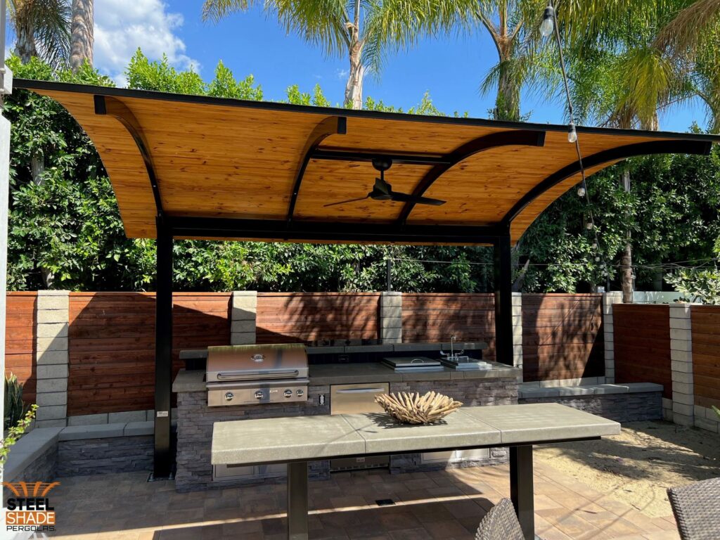 The Lake: 10'6" X 13' PATIO COVER; BLACK FRAME, TONGUE & GROOVE CEILING/ ROOF DECK, SHINGLED ROOF, FAN MOUNT AND LOW VOLTAGE LED LIGHT KIT - LAKE FOREST, CA