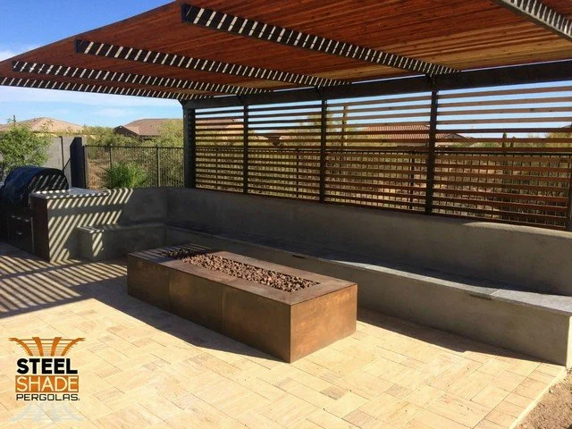 The Mesa: CUSTOM 12'x20' FLAT TOP CANTILEVER, RAW STEEL FINISH, CEDAR SHADE AND BACK SIDE BARS - MESA, AZ