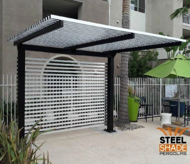 The Oxnard: CUSTOM 10'x10' FLAT TOP CANTILEVER, TRAFFIC BLACK FINISH, ALUMINUM SHADE AND BACK SIDE BARS - OXNARD, CA
