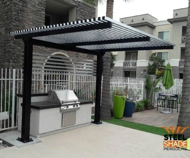 The Oxnard: CUSTOM 10'x10' FLAT TOP CANTILEVER, TRAFFIC BLACK FINISH, ALUMINUM SHADE AND BACK SIDE BARS - OXNARD, CA