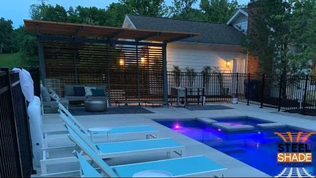 The Missouri: FLAT TOP 12' X 16' PERGOLA; SEMI GLOSS BLACK FRAME, CEDAR SHADE BAR & BACK SCREENING- CREVE COEUR, MO