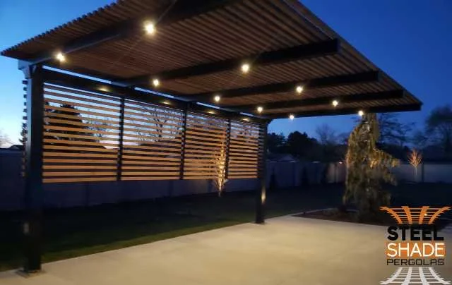 Custom Powder-Coat Color or Specialty Finish Powder-Coated or Smooth Raw Aluminum Shade Bars Integrated Low-Voltage LED Light Kit Ceiling Fan/Light fixture Provisions Full, Solid Cover Roof Deck using Custom Milled 2" x 6" Tongue and Groove Back / Side Shade Bar Screening Stained Shade Bars Placement for Power Outlet Curtin rod's Pergola Lighting