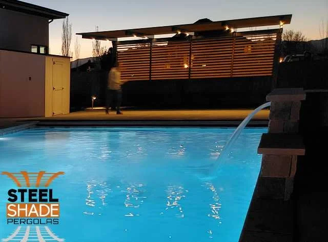 The Highland: CUSTOM 12'x18' FLAT TOP 2 POST, SEMI GLOSS BLACK FINISH, CEDAR SHADE BAR BACK SCREENING & LED LIGHT KIT- HIGHLAND, UT