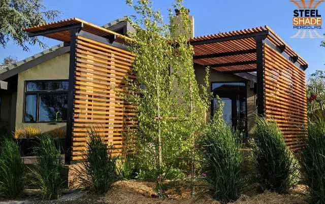 The Hollister: CUSTOM 10'x13'6" & 5'x6' FLAT TOP CANTILEVER, SEMI GLOSS BLACK FINISH, CEDAR SHADE AND BACK SIDE BARS - HOLLISTER, CA