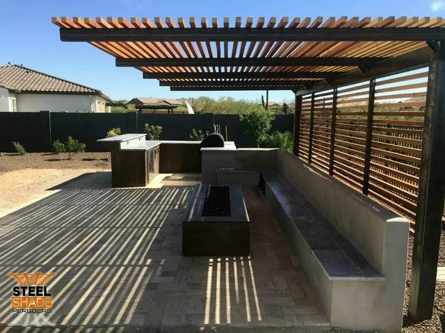 The Mesa: CUSTOM 12'x20' FLAT TOP CANTILEVER, RAW STEEL FINISH, CEDAR SHADE AND BACK SIDE BARS - MESA, AZ