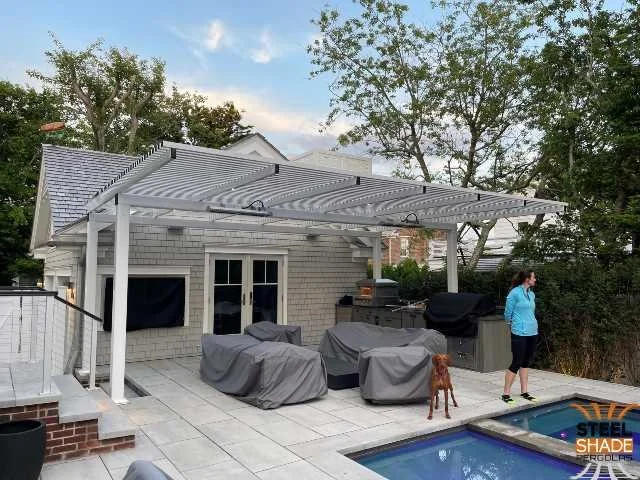 The Ocean City: CUSTOM 16'x22' FLAT TOP 4 POST, WHITE FINISH, ALUMINUM SHADE BAR & LED LIGHT KIT- OCEAN CITY, NJ
