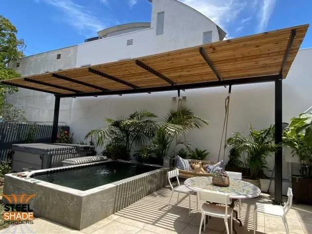 The LA: CUSTOM 10'6"x29' FLAT TOP CANTILEVER, SEMI GLOSS BLACK FINISH, CEDAR SHADE BARS AND LED LIGHT KIT - LOS ANGELES, CA