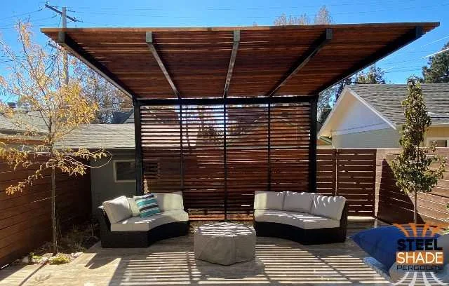 The Denver: CUSTOM 14'x14' FLAT TOP CANTILEVER, STAINED CEDAR SHADE AND BACK SIDE BARS - DENVER, CO