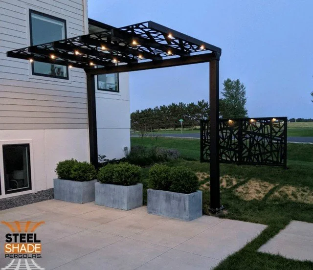 The Rochester: CUSTOM 8'x12' FLAT TOP CANTILEVER, SEMI GLOSS BLACK FINISH, CUSTOM LASER CUT PANELS, ROCHESTER, MN